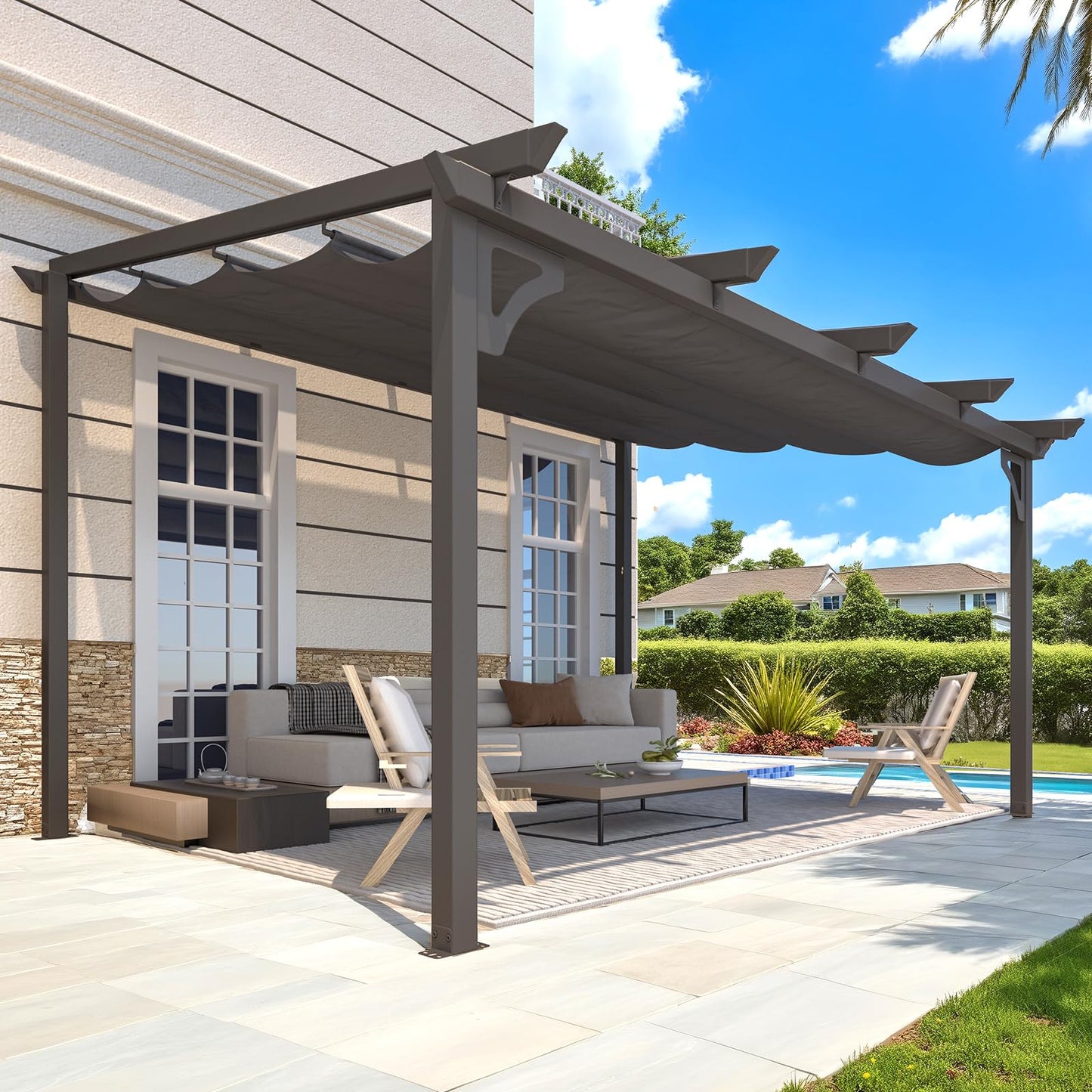 14' x 10' Gazebo for Patio, Retractable Pergola with Adjustable Sun Shade Canopy Roof