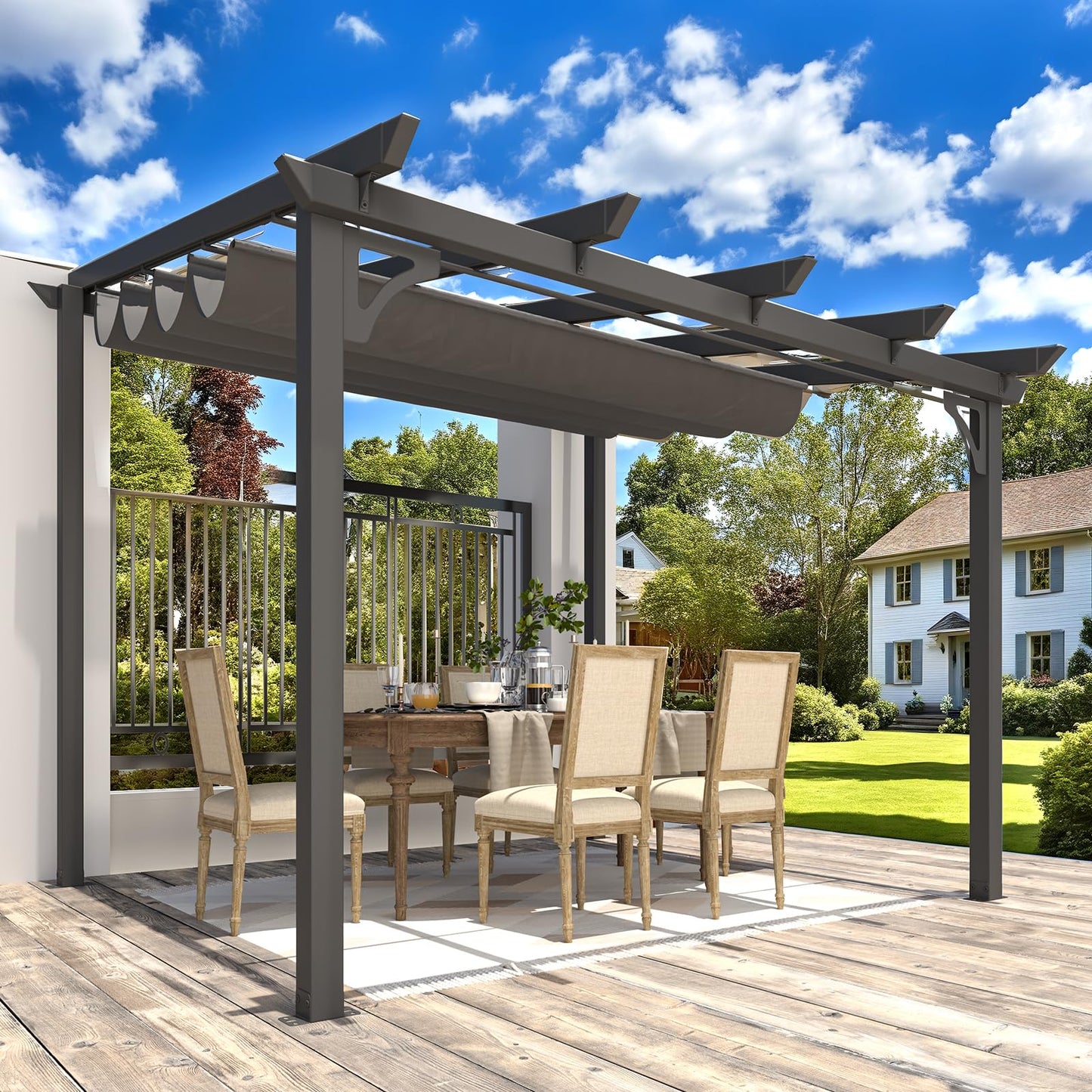 10' x 8' Gazebo for Patio, Retractable Pergola with Adjustable Sun Shade Canopy Roof