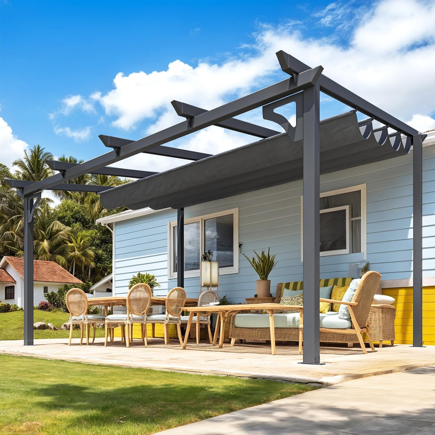 14' x 10' Gazebo for Patio, Retractable Pergola with Adjustable Sun Shade Canopy Roof
