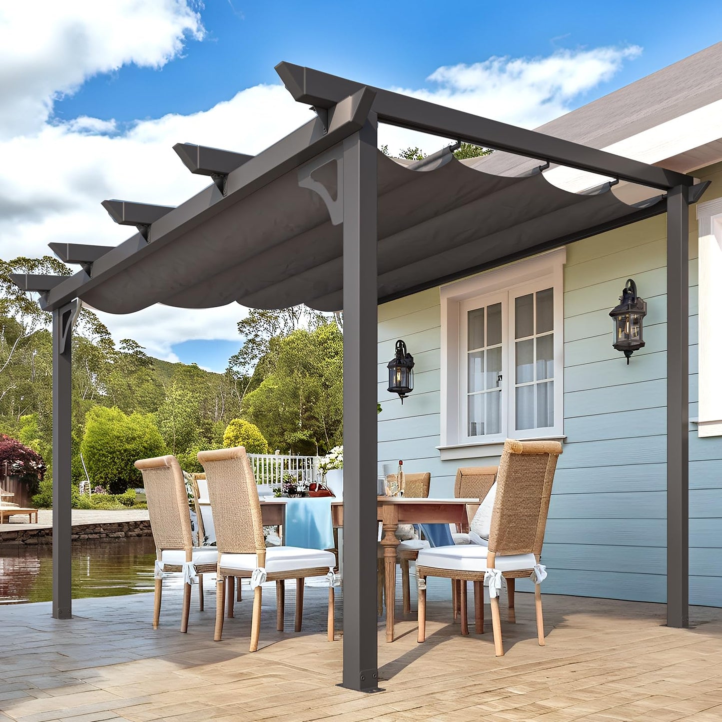 10' x 8' Gazebo for Patio, Retractable Pergola with Adjustable Sun Shade Canopy Roof