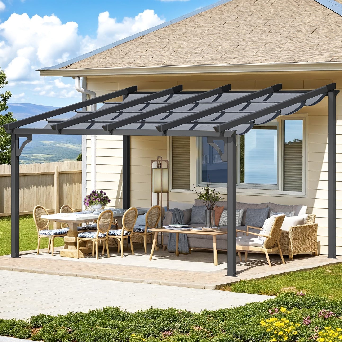 14' x 10' Gazebo for Patio, Retractable Pergola with Adjustable Sun Shade Canopy Roof