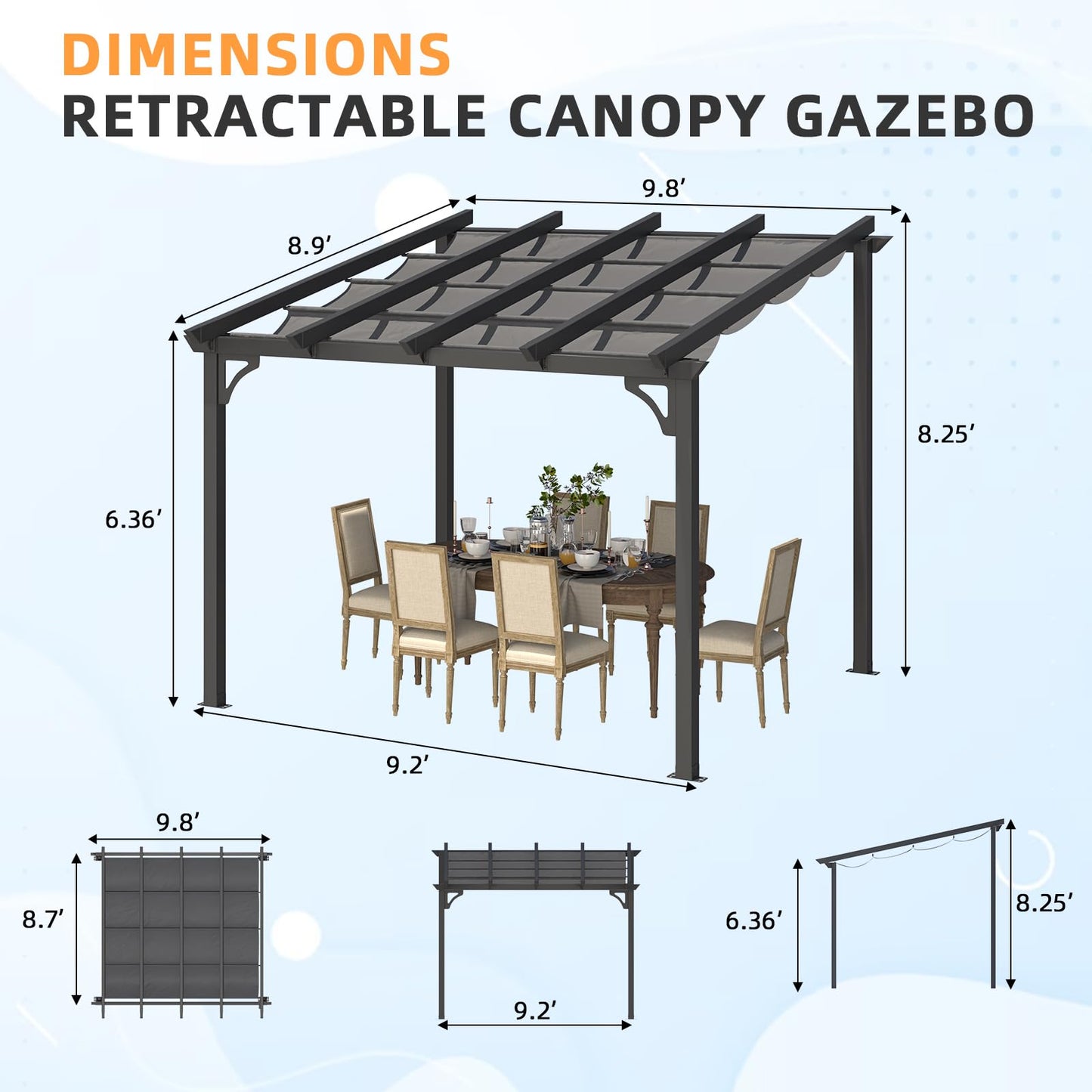 10' x 8' Gazebo for Patio, Retractable Pergola with Adjustable Sun Shade Canopy Roof