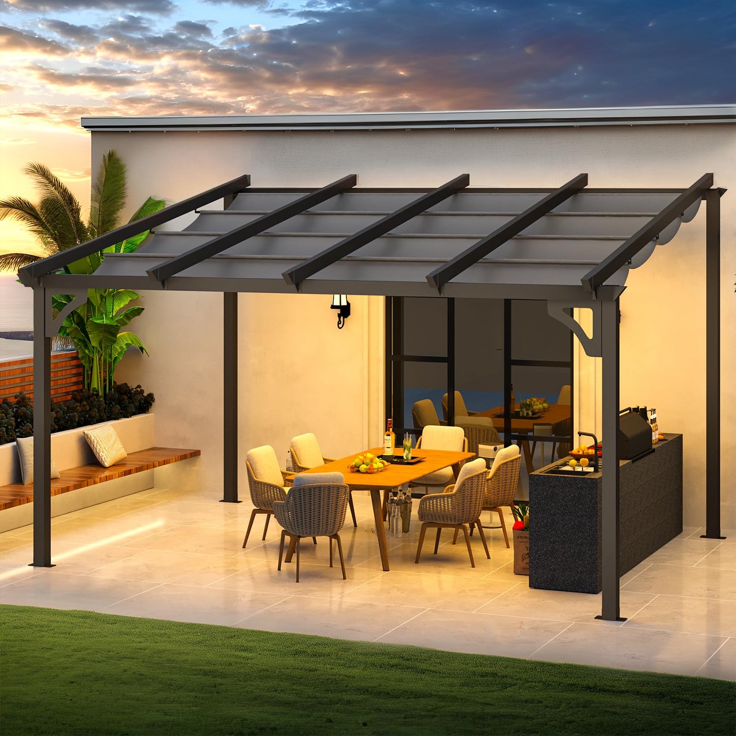 14' x 10' Gazebo for Patio, Retractable Pergola with Adjustable Sun Shade Canopy Roof