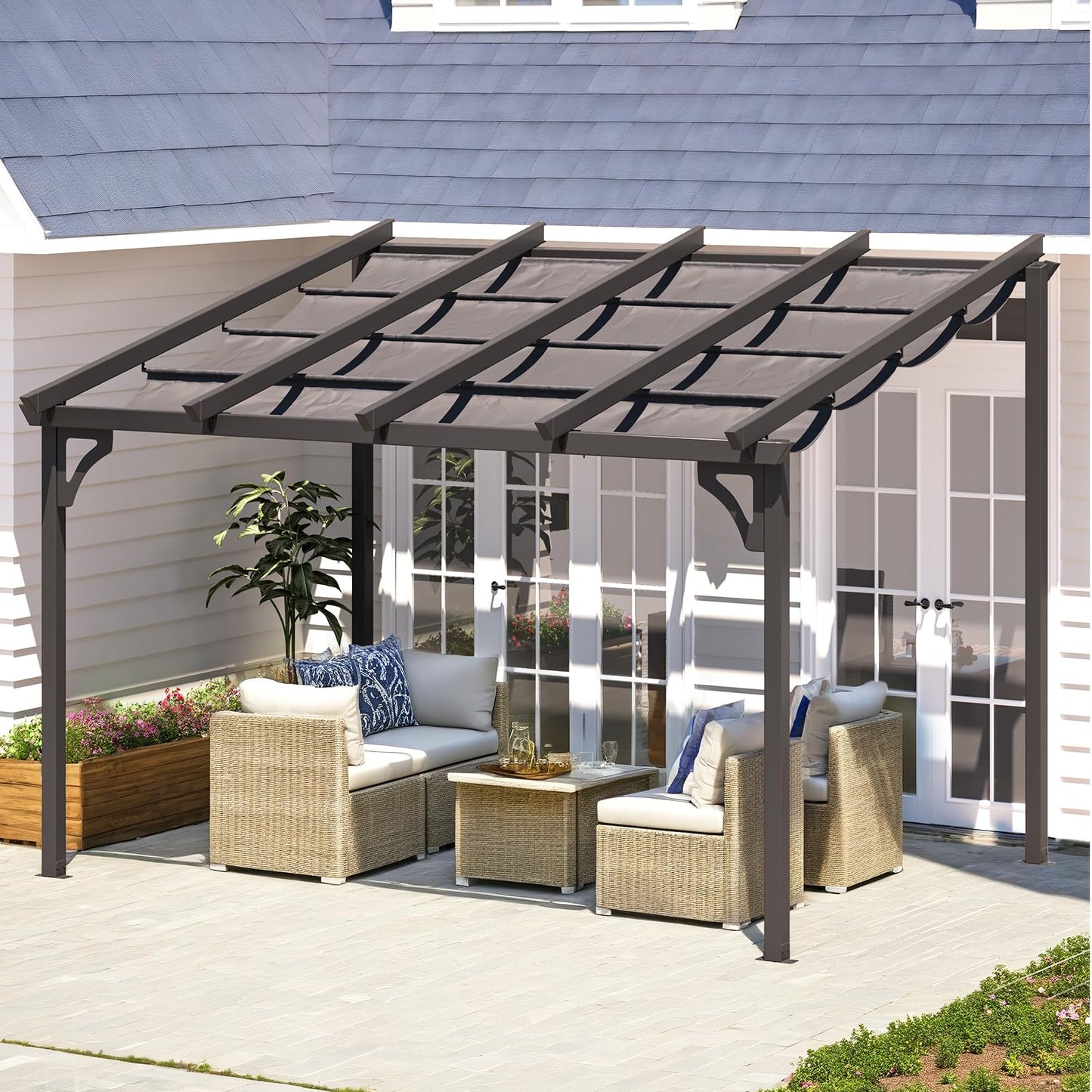 10' x 8' Gazebo for Patio, Retractable Pergola with Adjustable Sun Shade Canopy Roof