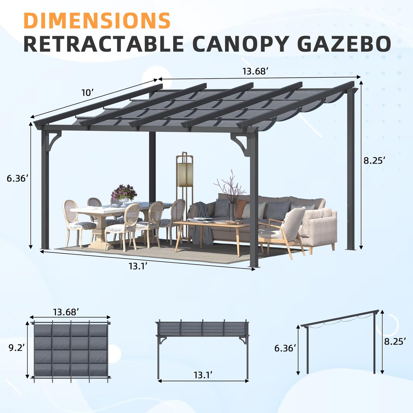 14' x 10' Gazebo for Patio, Retractable Pergola with Adjustable Sun Shade Canopy Roof
