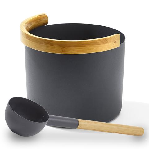 Kolo Sauna Bucket (w/ curved handle) + Ladle Set, Aluminum/Bamboo, 1 Gal